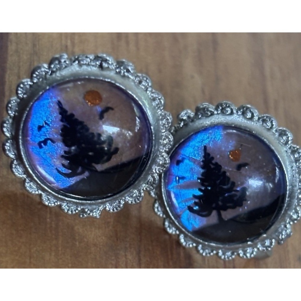 Vintage Butterfly Wing Pine Tree with Moon and Birds Design Screw Back Earrings